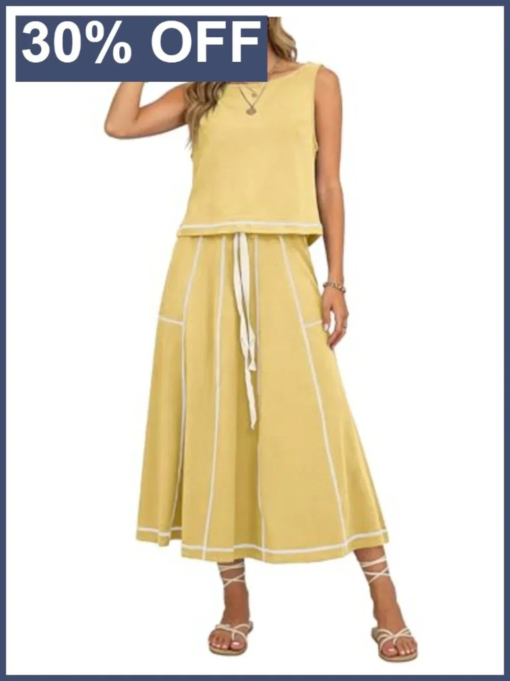 Women's 2 Piece Skirt Set Sleeveless Top Contrast Stitching Midi Skirt